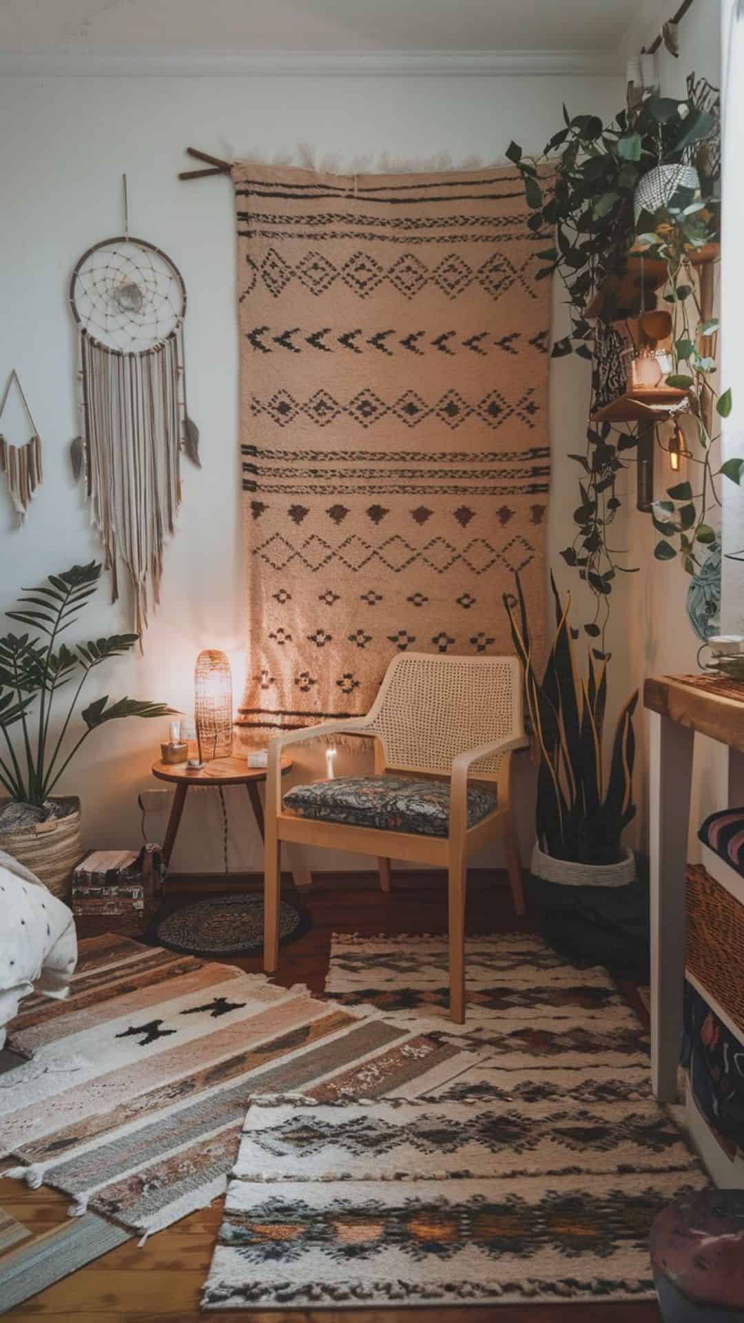 witchy bedroom layered rugs