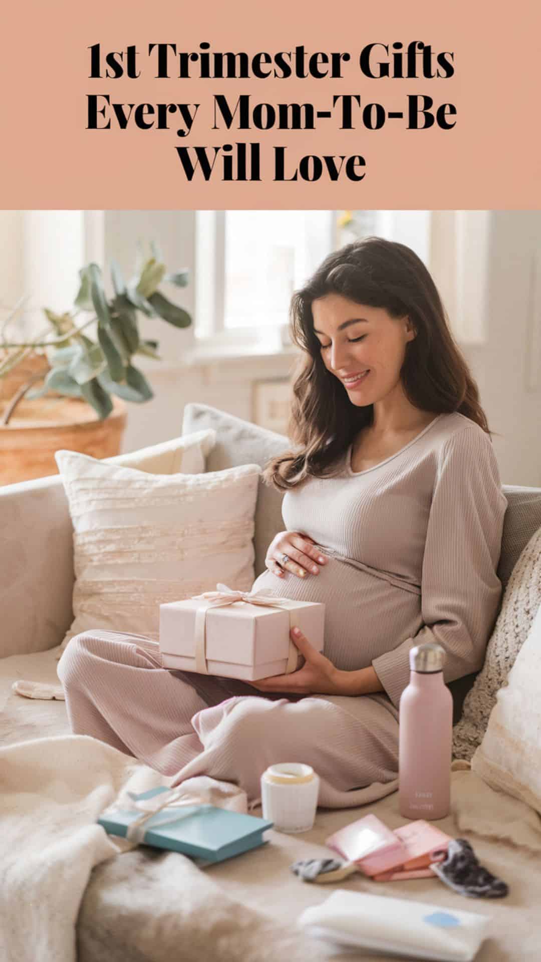A serene, softly lit lifestyle photo of a pregnant woman in her first trimester, smiling gently while sitting in a cozy living room. She holds a gift box on her lap, surrounded by small thoughtful gifts like a journal, water bottle, and tea. Soft pastel colors, airy natural light, and a warm, welcoming vibe.
