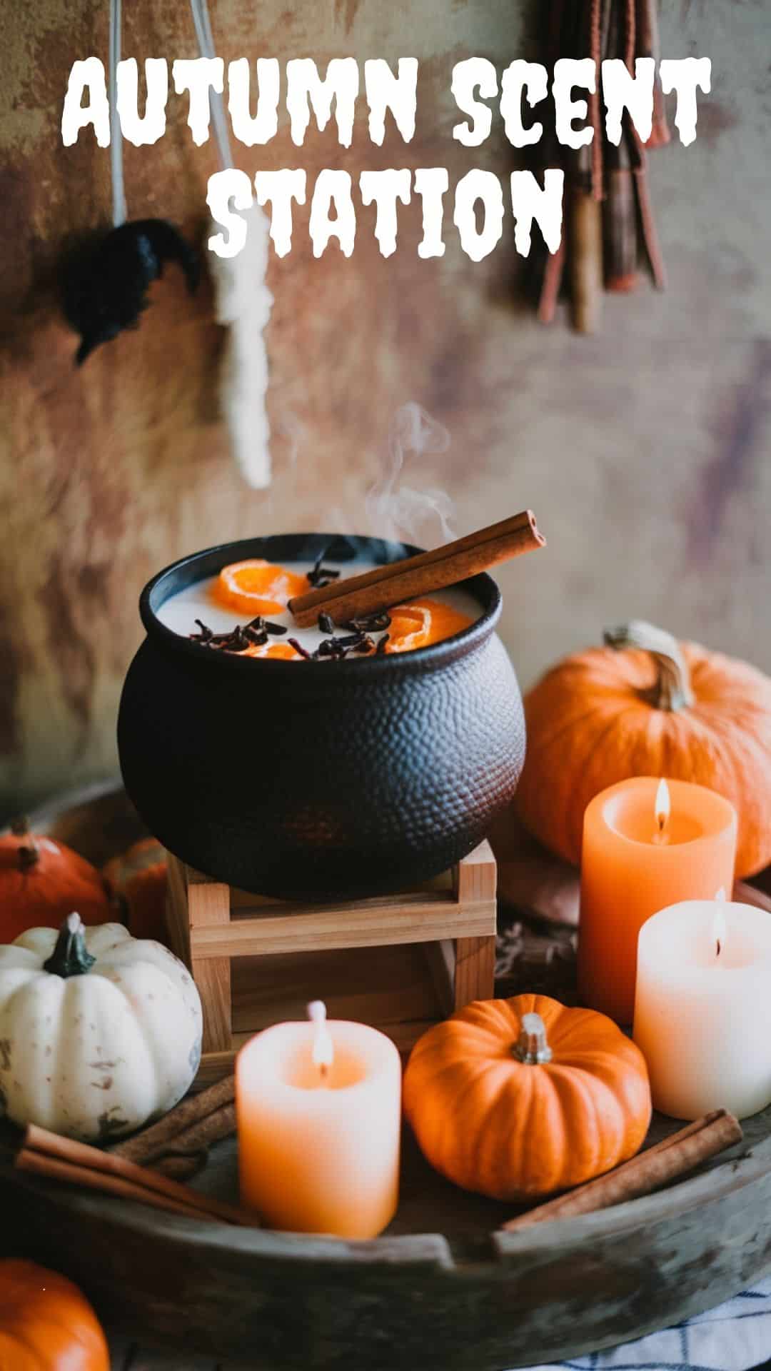 A photo of a Halloween scent station with a black cauldron steaming with cinnamon sticks, orange peel, cloves, candles, and pumpkins styled on a wooden tray. The cauldron is placed on a wooden stand. There are orange and white candles with a pumpkin design. The wooden tray is placed on a checkered cloth. The background is a rustic wall with a few hanging items.