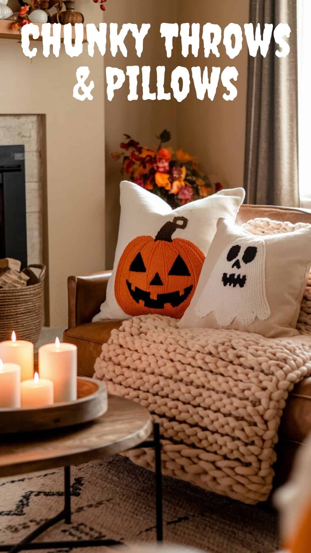 A photo of a cozy autumn living room with a chunky knit throw. There are Halloween pillows with pumpkin and ghost designs. There are glowing candles on a wooden tray. The room has a warm, inviting atmosphere, with a fireplace and a rug. The walls are painted in a beige hue.
