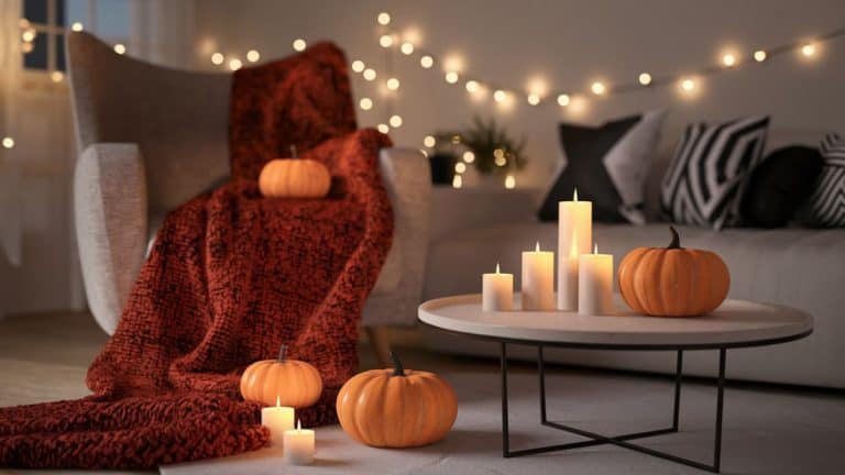 A photo of a modern, cute Halloween-inspired living room with a thick throw blanket draped over an armchair. There are pumpkins and candles softly glowing on a modern coffee table. The room has string lights twinkling in the background. The overall atmosphere is warm, autumnal, and inviting.