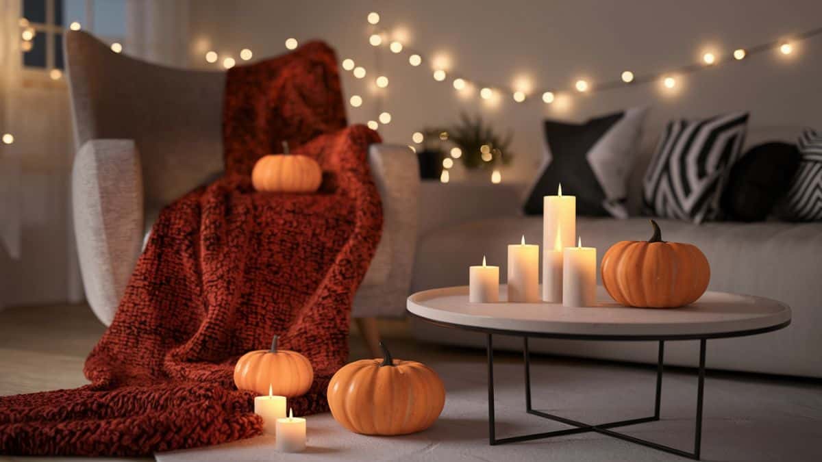 A photo of a modern, cute Halloween-inspired living room with a thick throw blanket draped over an armchair. There are pumpkins and candles softly glowing on a modern coffee table. The room has string lights twinkling in the background. The overall atmosphere is warm, autumnal, and inviting.