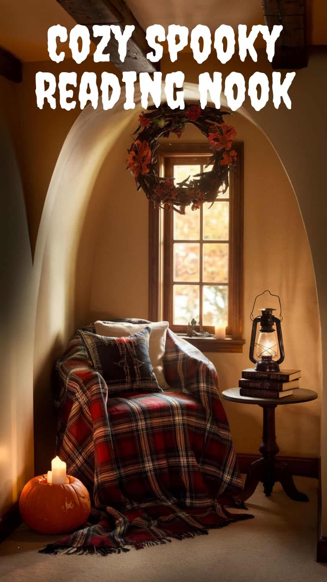 A photo of a cozy Halloween reading nook with a plaid blanket, a vintage lantern, gothic novels stacked on a side table, and soft autumn light glowing through a window. The nook is situated in a room with wooden beams on the ceiling. There's a pumpkin with a lit candle on the floor beside the nook. The walls are painted a warm beige color, and there's a decorative wreath hanging above the nook.