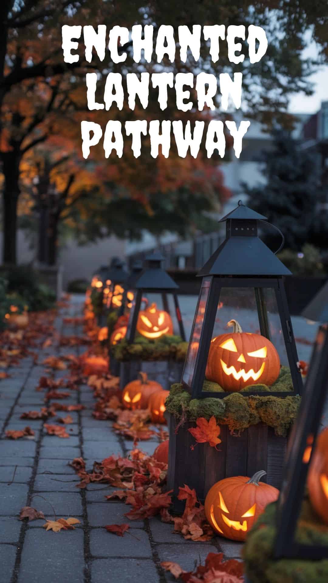 A photo of a Halloween walkway lined with glowing lanterns filled with pumpkins and moss. The pumpkins have faces carved into them. The walkway is surrounded by autumn leaves in shades of orange and red. The background contains trees and buildings. The overall scene has a soft twilight glow.