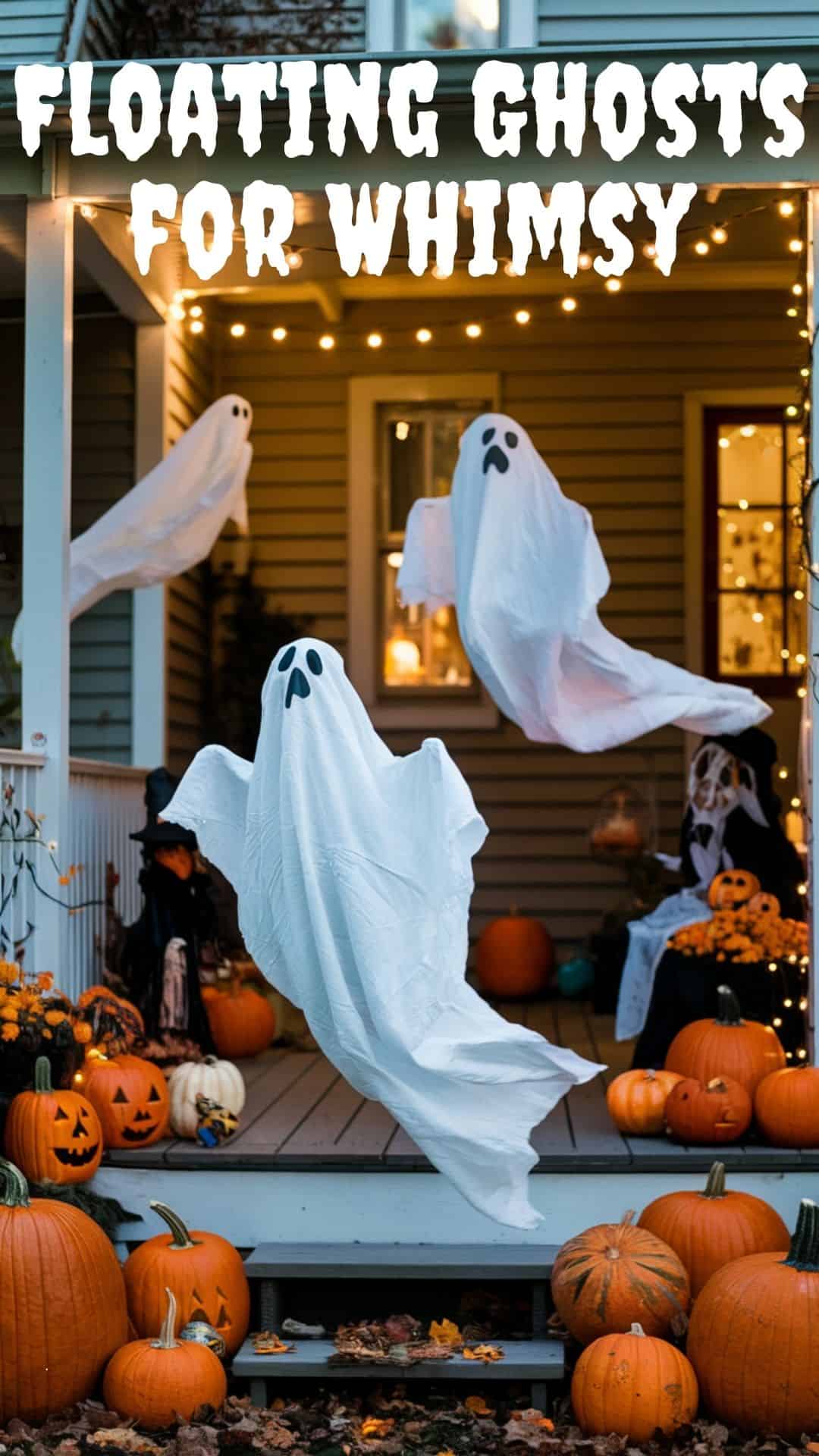 A photo of an outdoor porch decorated for Halloween. There are floating sheet ghosts swaying under twinkling string lights. The porch is surrounded by pumpkins of various sizes and colors. There are also some Halloween decorations, such as a witch and a ghost, placed around the porch. The background reveals a house with a few windows lit up.