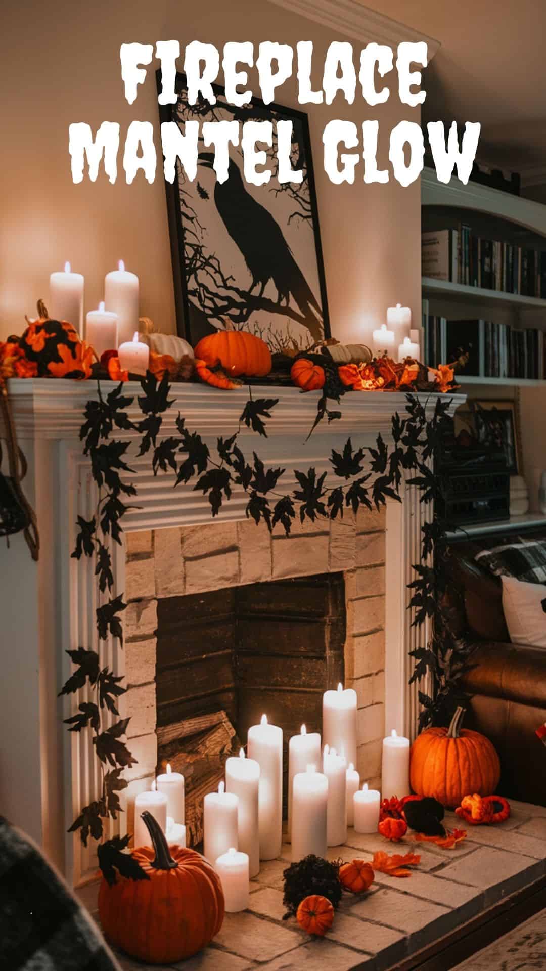 A photo of a Halloween fireplace mantel with black leaf garlands, pumpkins, flickering candles, and a raven artwork. The mantel is surrounded by a cozy autumn atmosphere with a warm light shining on it. The background reveals a living room with a couch and a bookshelf.