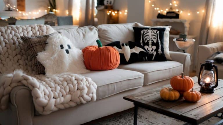A photo of a living room with a modern farmhouse style. There is a light neutral sofa with a chunky knit throw blanket. On the sofa, there are a fluffy white ghost pillow, an orange pumpkin pillow, a black bat-shaped pillow, and a skeleton pillow. There's also a rustic wooden coffee table with a small stack of mini pumpkins and a glowing lantern. The room is decorated for Halloween with warm ambient lighting and soft shadows.