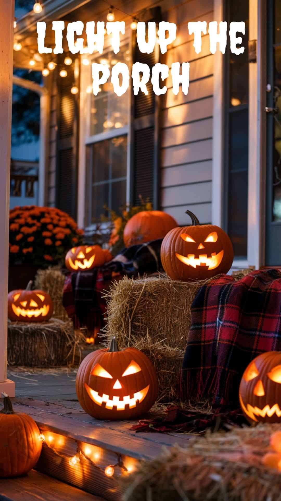 A photo of a cozy Halloween front porch at twilight. There are glowing jack-o'-lanterns with spooky faces. There are hay bales and plaid blankets. Warm string lights are draped across the porch, casting an amber glow.