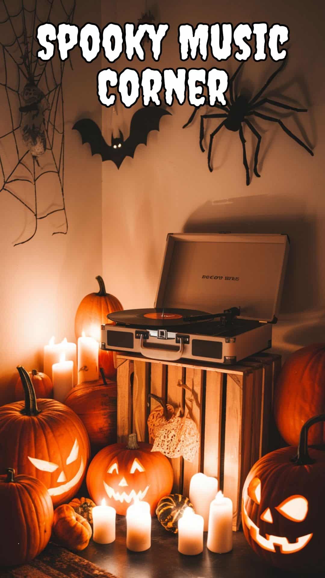 A photo of a Halloween corner with a record player, flickering candles, pumpkins, and soft autumn lighting, creating a cozy seasonal ambiance. The record player is on a wooden crate. There are multiple pumpkins, some carved with jack-o-lantern faces, scattered around the corner. The walls are adorned with spooky decorations, including a large spider and a hanging bat. The floor is covered with a rug. The lighting is warm and soft.