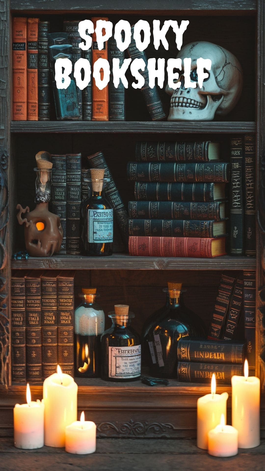 A photo of a Halloween bookshelf styled with vintage books, potion bottles, skull decor, and flickering candles for a haunted library look. The books have orange and black spines. There are multiple potion bottles with various ingredients. A skull is placed on top of the books. There are flickering candles on the ground. The background is dark.
