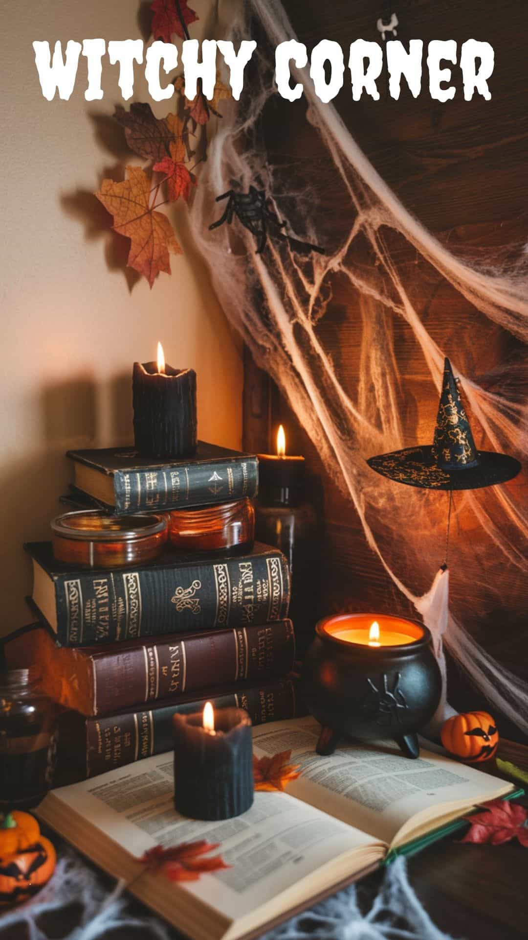 A photo of a cozy Halloween corner with a vintage vibe. There are vintage books, potion jars, black candles, and a mini cauldron glowing with light. The corner is adorned with autumn leaves, a spider web, and a miniature witch hat. The background is a beige wall.