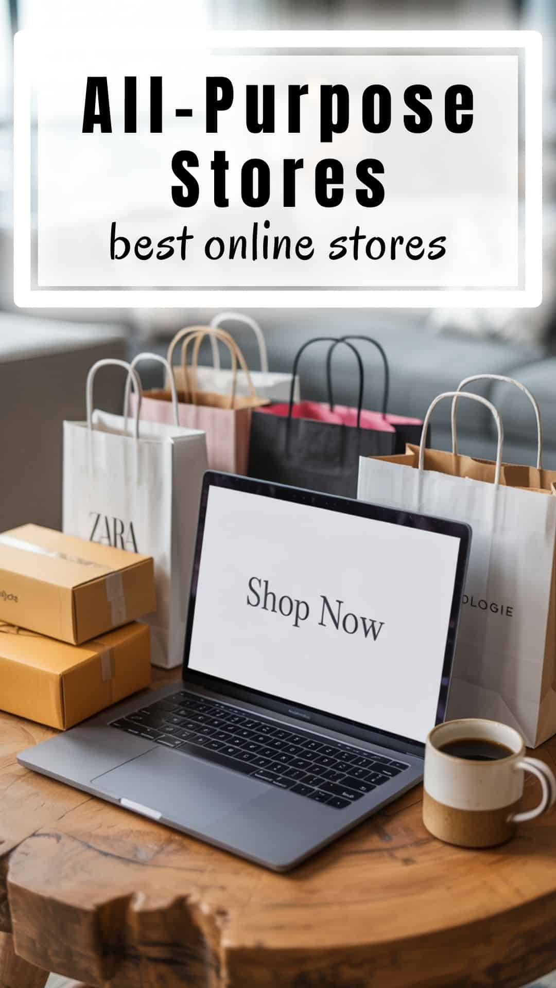 A flat lay image of a laptop on a cozy wooden desk surrounded by shopping bags, boxes, and a coffee mug, representing online shopping convenience. Warm lighting, modern home background, lifestyle aesthetic.