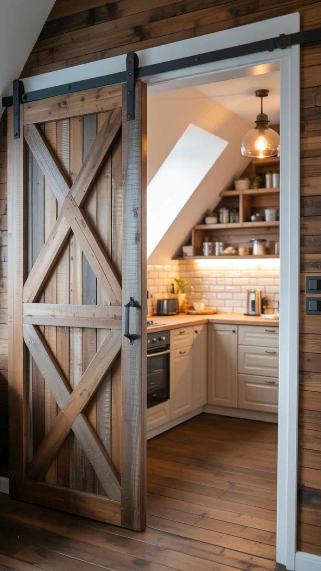 Small attic kitchen with rustic sliding barn door, reclaimed wood finish, black iron hardware, white cabinets inside, soft warm pendant light glowing from kitchen, cozy rustic farmhouse vibe.