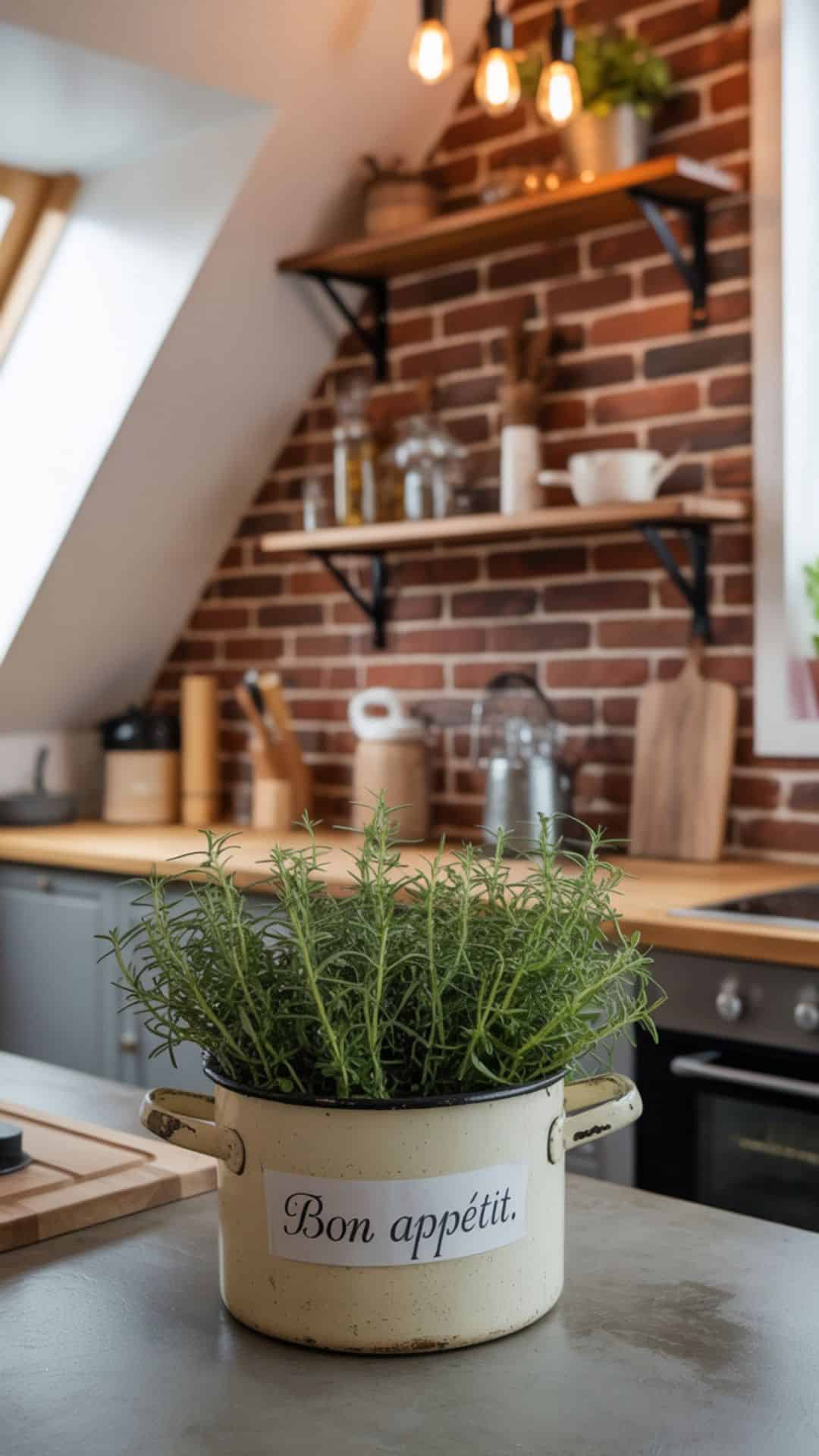 Industrial-style small attic kitchen with exposed red brick walls, rustic wood shelving, black metal brackets, Edison bulb pendant lights, concrete countertops, cozy moody vibe under sloped ceiling.