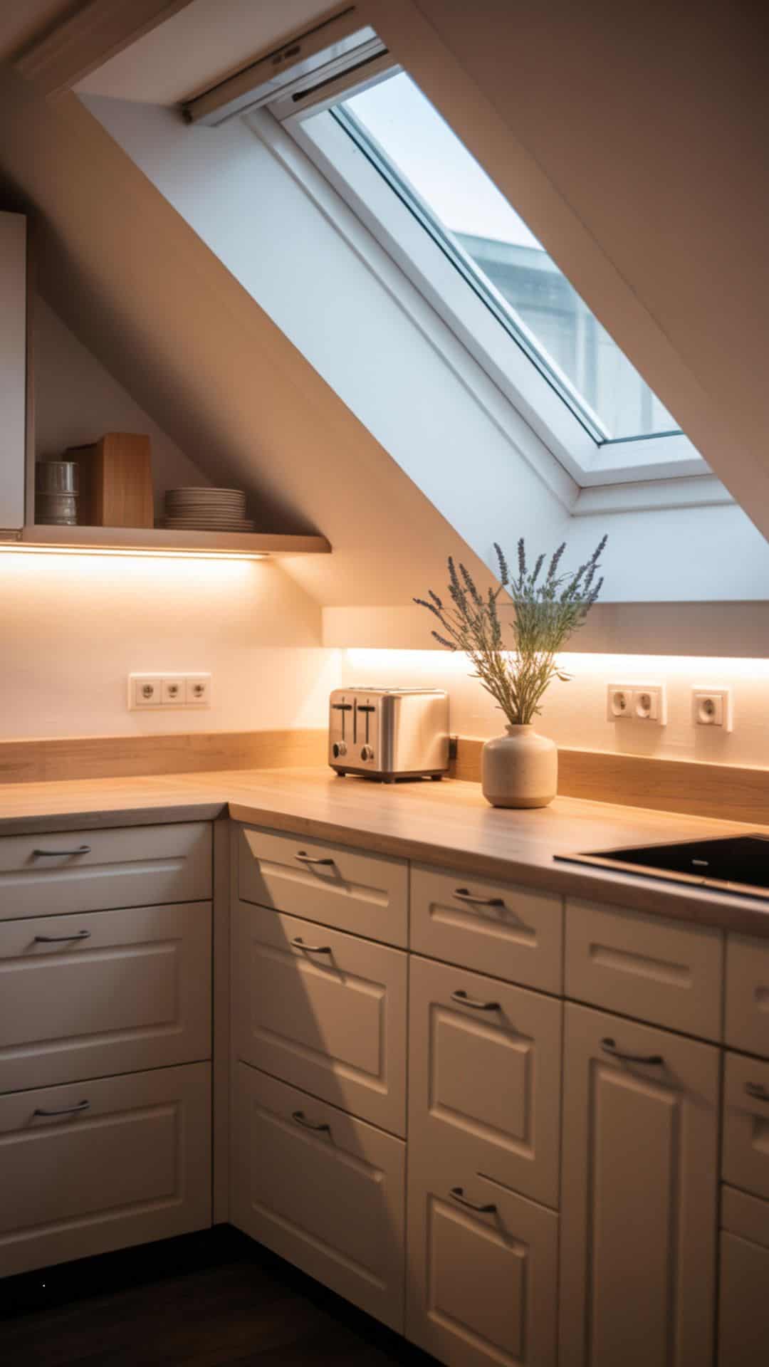 Small attic kitchen with sleek under-cabinet LED lighting, white cabinets, light quartz countertops, warm inviting glow, sloped ceiling with skylight above.