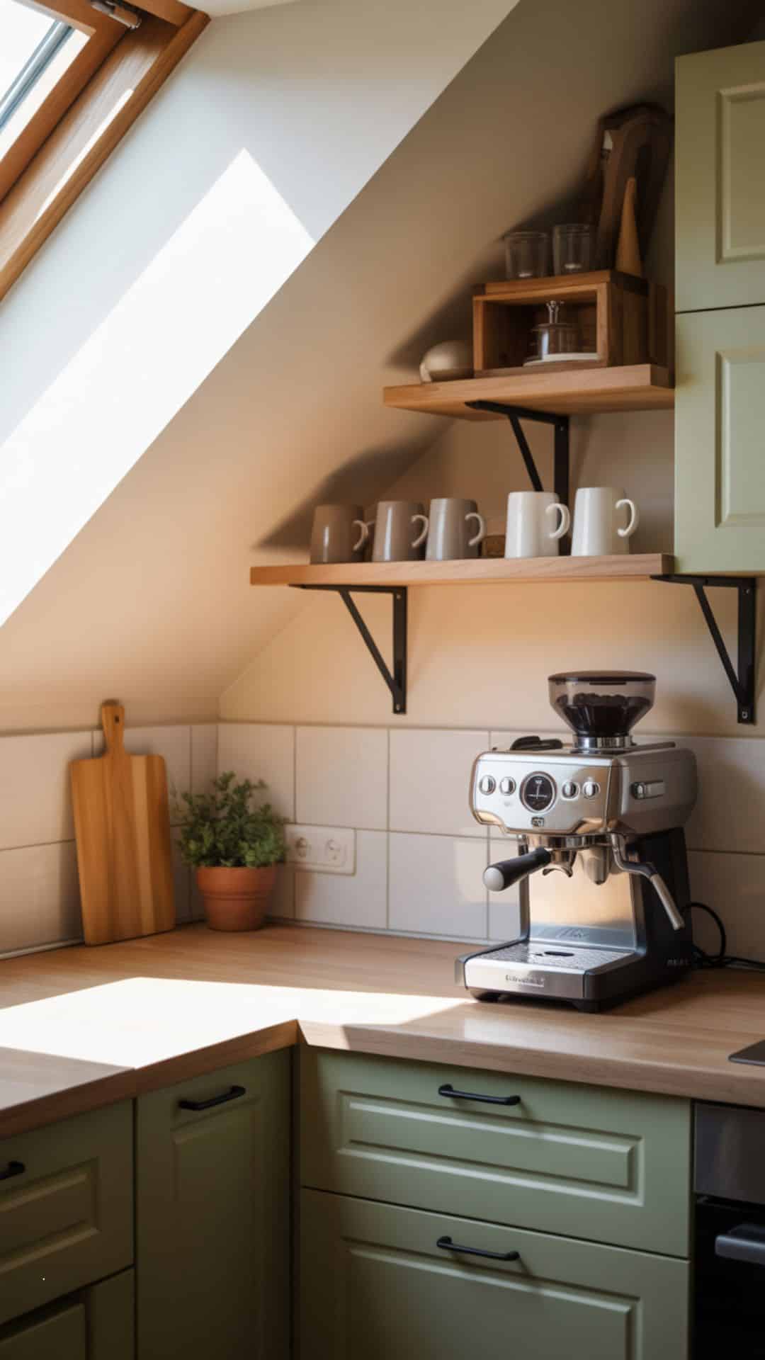 Small attic kitchen with compact coffee station in corner, floating wooden shelf holding mugs, sleek espresso machine on white countertop, sloped ceiling with warm morning sunlight.