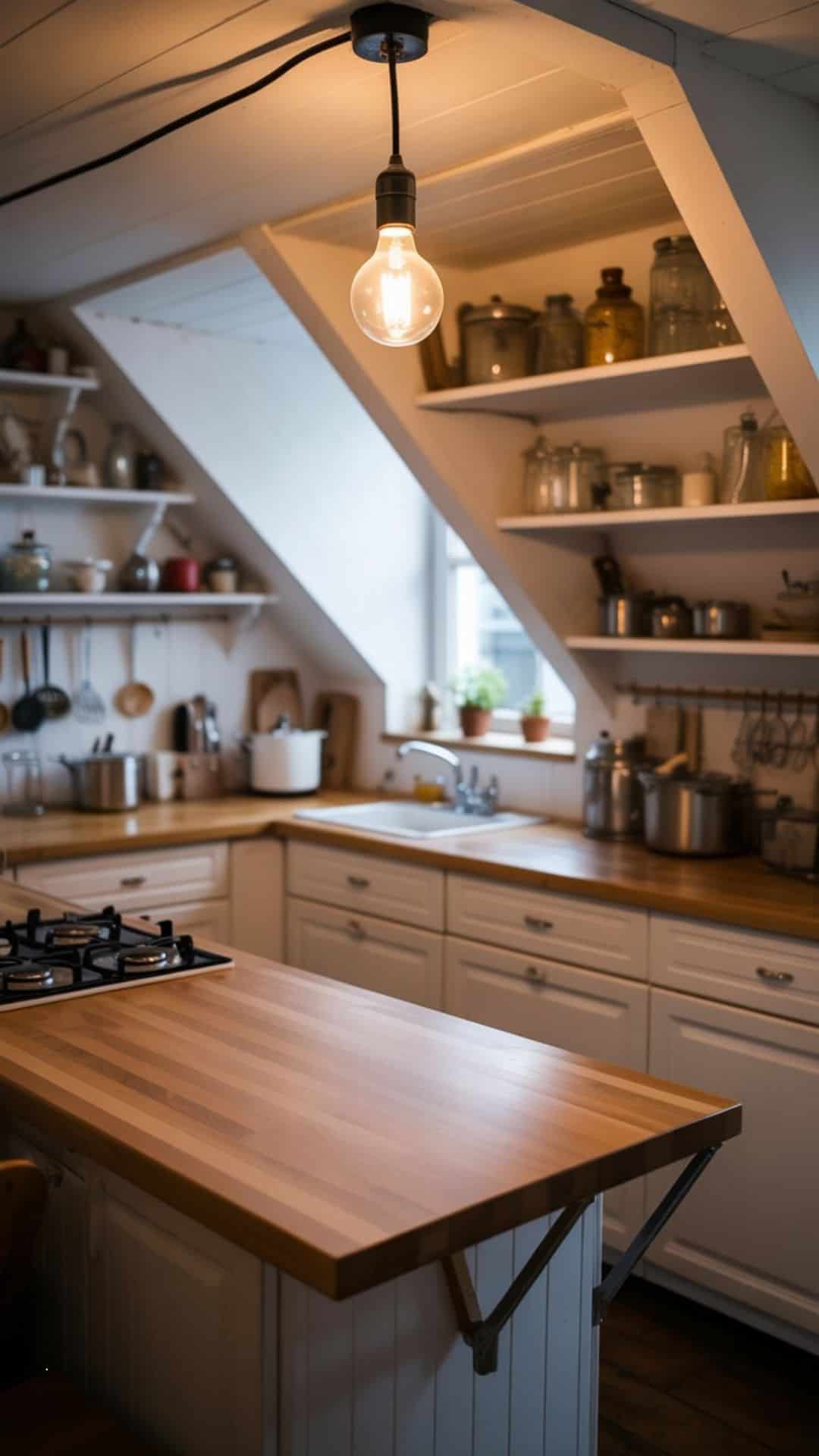 Small attic kitchen with foldable butcher block counter extension, white cabinets, open shelves, cozy compact layout under angled ceiling.