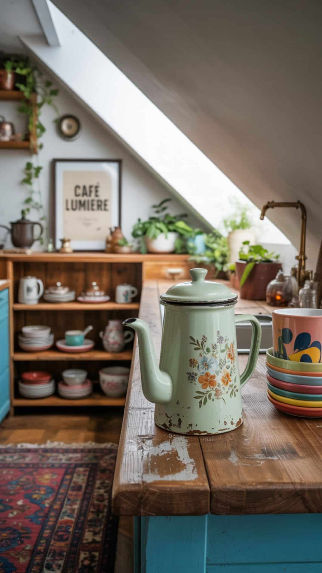 Small attic kitchen in bohemian style, colorful patterned rug on floor, open wood shelves with eclectic dishes, trailing plants, sloped ceiling skylight, cozy artsy vibe.
