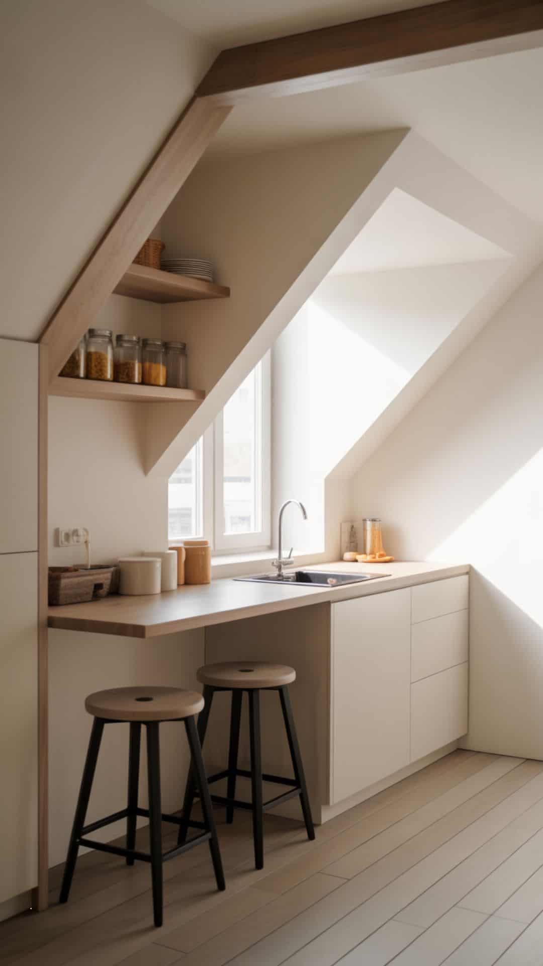 Small attic kitchen with floating wood countertop mounted along sloped wall, two stools tucked underneath, clean white walls, compact shelves with glass jars above, airy minimalist aesthetic with bright daylight.