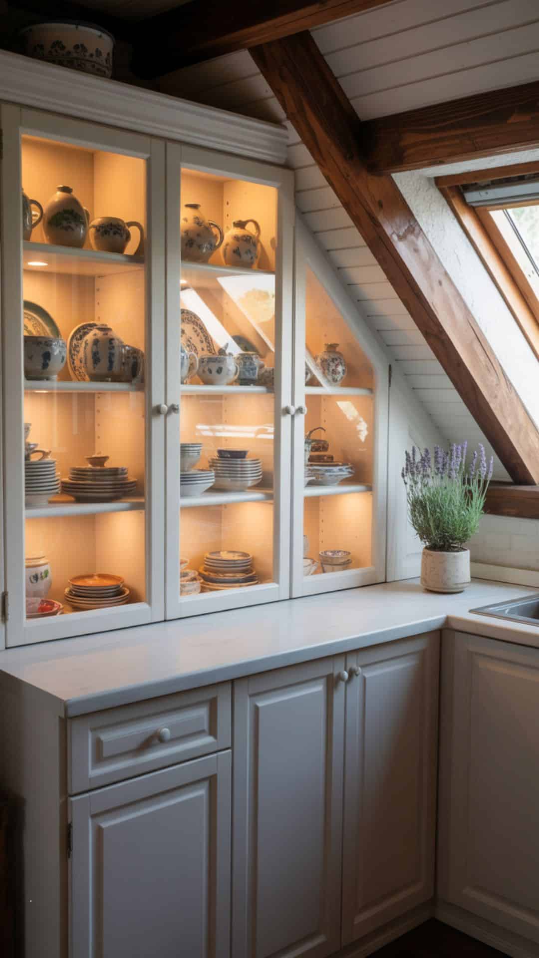 Small attic kitchen with glass-front cabinets, interior cabinet lighting glowing softly, shelves styled with colorful dishes, white counters, cozy airy space.