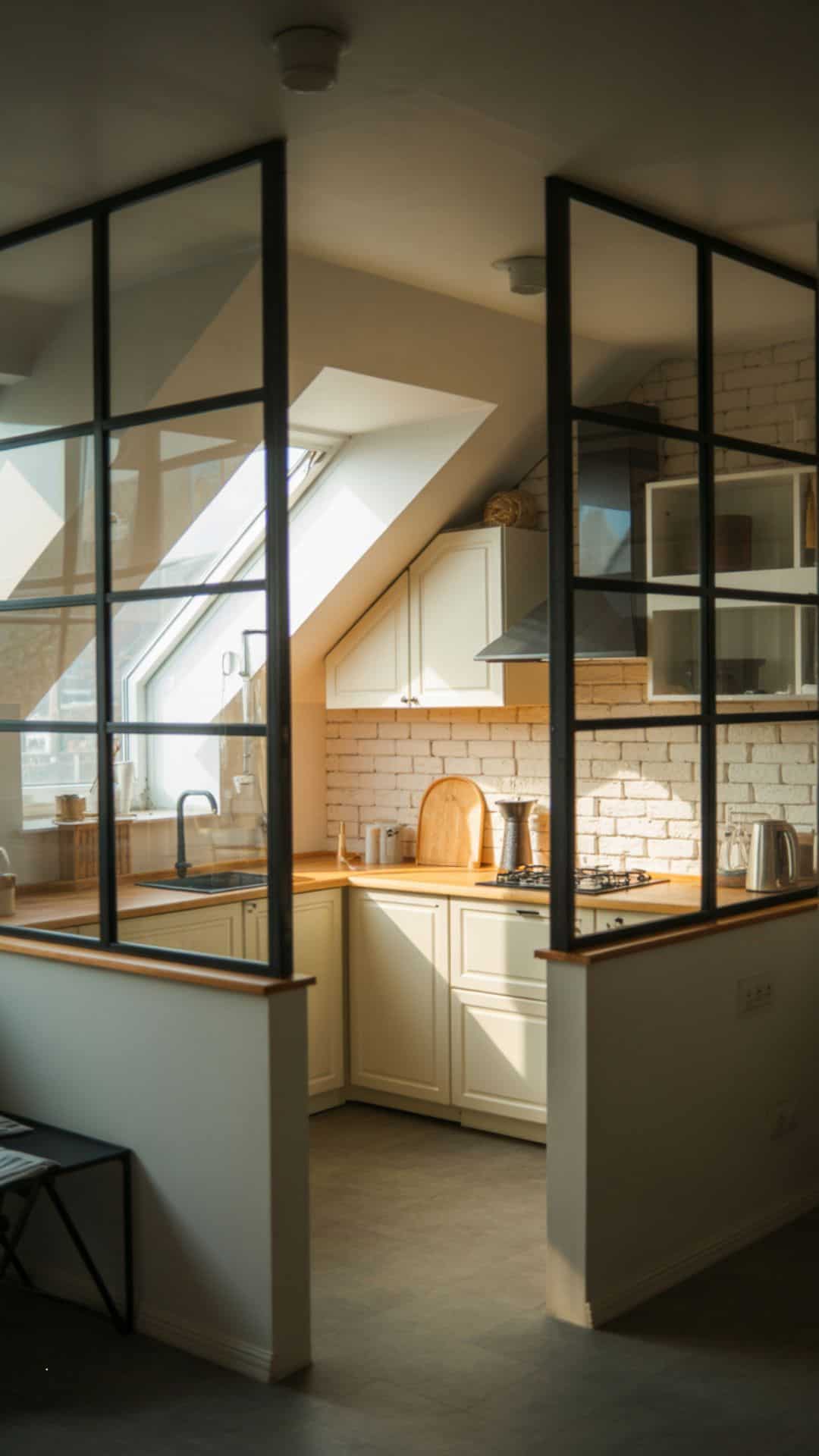 Small attic kitchen with interior glass partition wall framed in black metal, white cabinets, wood countertop, sunlight streaming through, modern loft vibe.