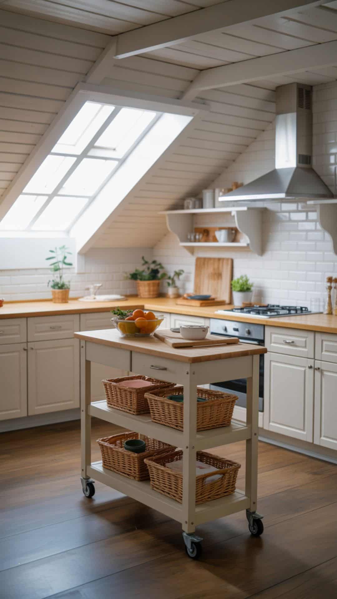 Small attic kitchen with portable island cart on wheels, butcher block top, open shelves with baskets, white cabinets, skylight light streaming in.