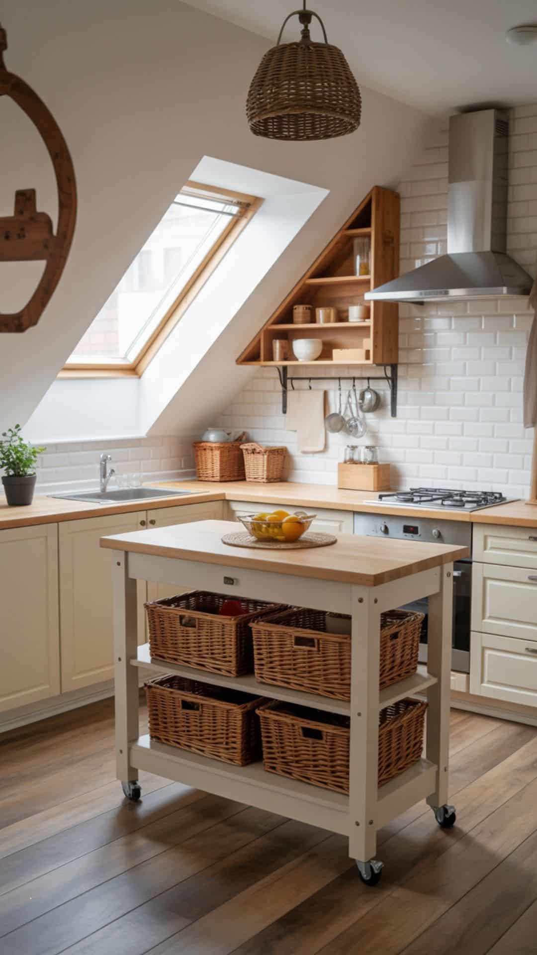 Small attic kitchen with slim rolling island in center, butcher block top, open shelving with wicker baskets below, white cabinetry, sloped ceiling with skylight, rustic-modern style with functional design.