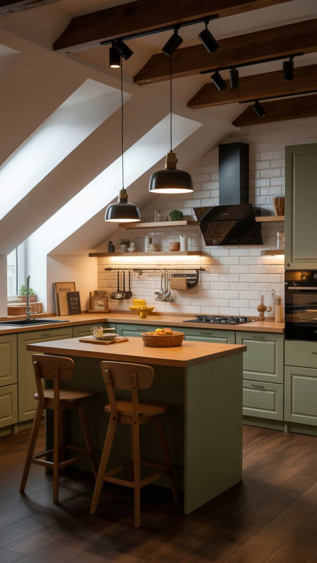 Small attic kitchen with layered lighting, pendant lamps over island, under-shelf LED glow, track lights on sloped ceiling beams, cozy evening ambiance.