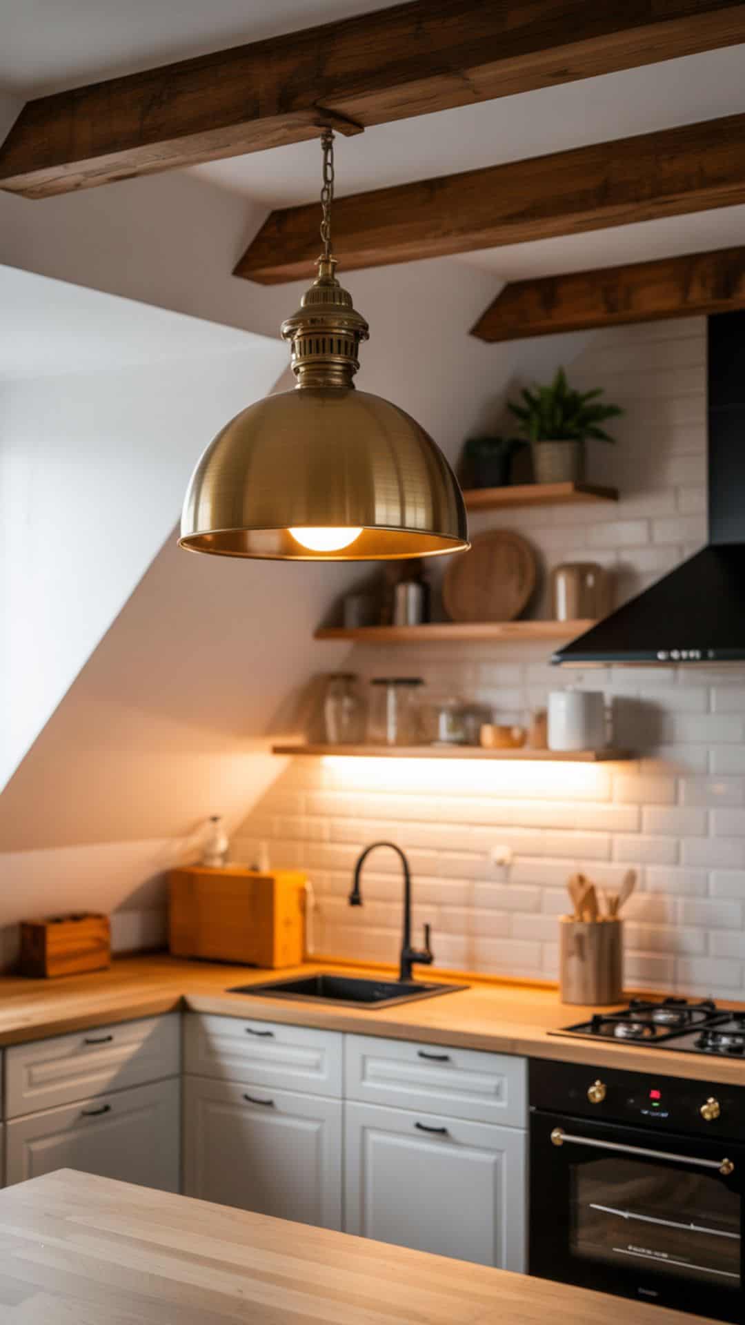 Warm small attic kitchen with sloped ceiling, large brass statement pendant lamp hanging in center, white cabinets, butcher block countertop, rustic beams overhead, cozy evening glow with soft shadows.