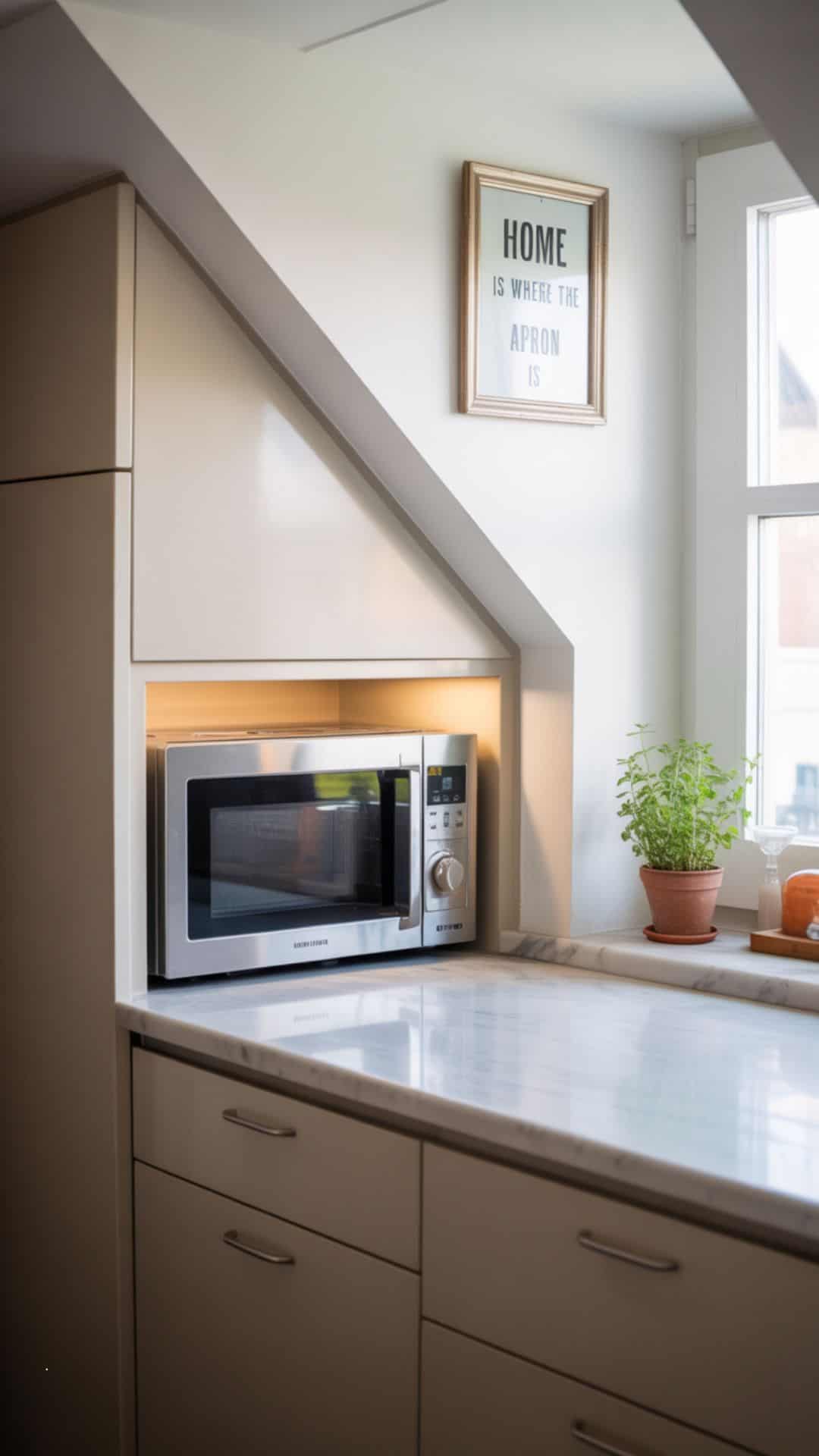 Small attic kitchen with built-in microwave nook inside white cabinetry, marble countertop, sloped ceiling with soft daylight, clean modern design.