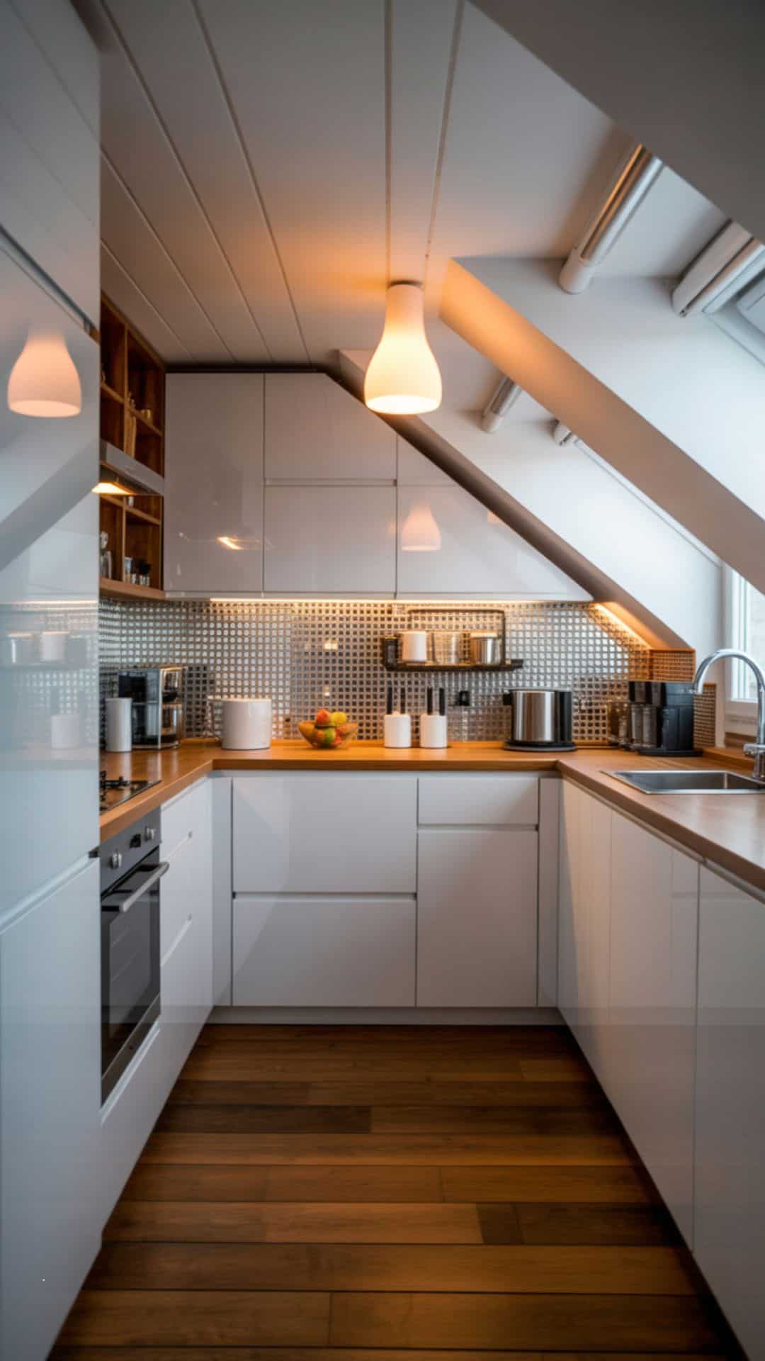 Compact attic kitchen with mirrored backsplash reflecting light, glossy white cabinets, slim modern appliances, warm wooden floor, sloped ceiling with pendant lighting, bright and airy contemporary style.