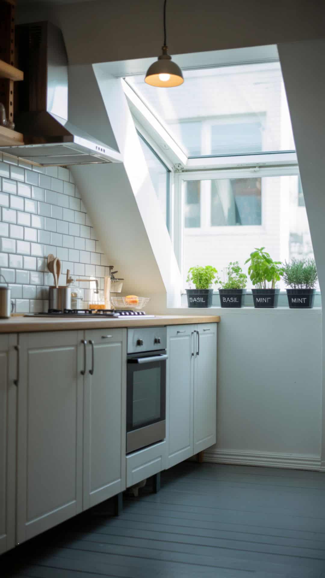 Small attic kitchen with one-wall layout, white shaker cabinets, stainless steel stove, subway tile backsplash, skylight above flooding natural light, modern minimalist vibe.