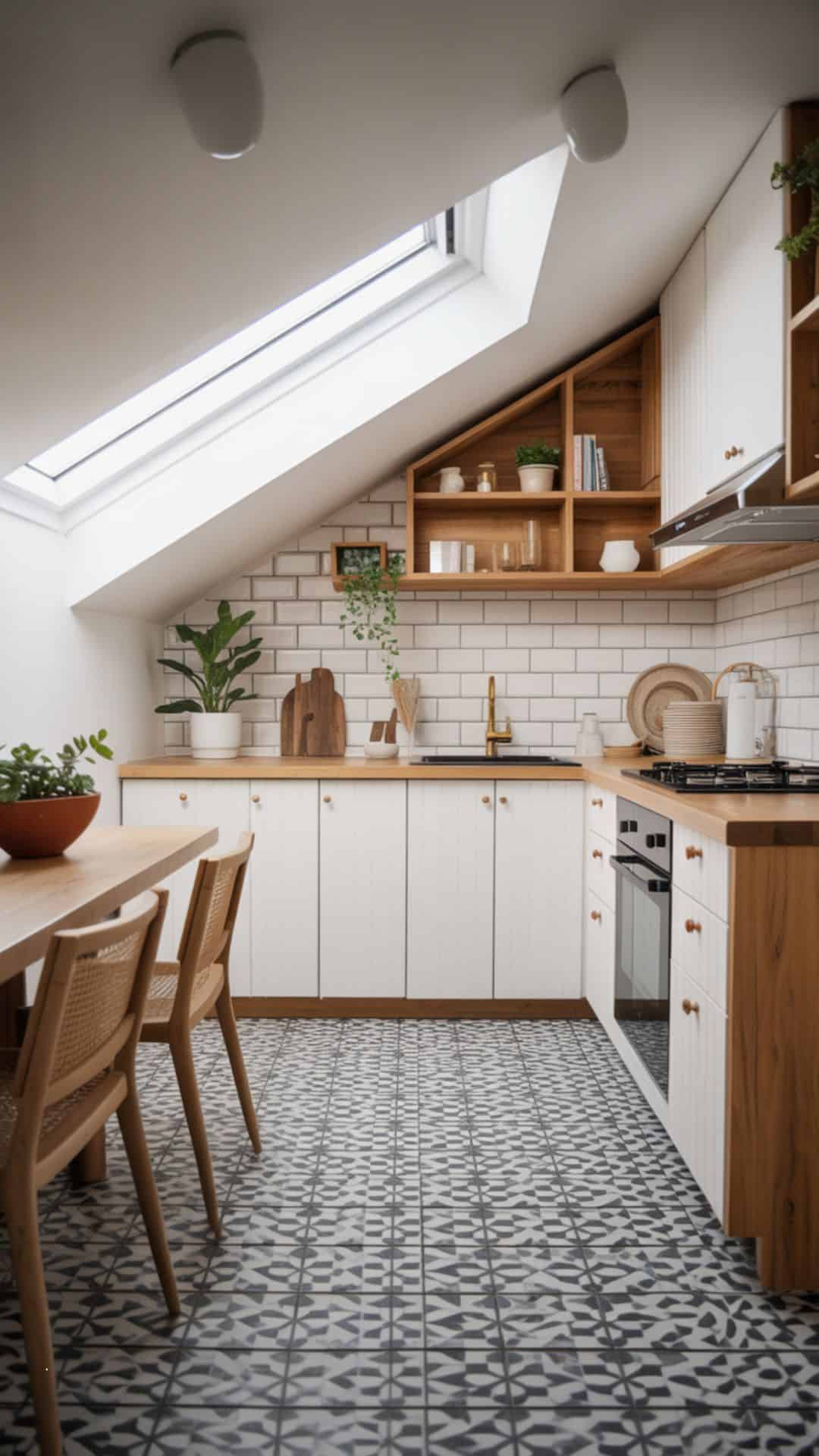 Small attic kitchen with bold patterned black-and-white geometric tile flooring, white cabinets, natural wood accents, sloped ceiling skylight, airy modern boho style.