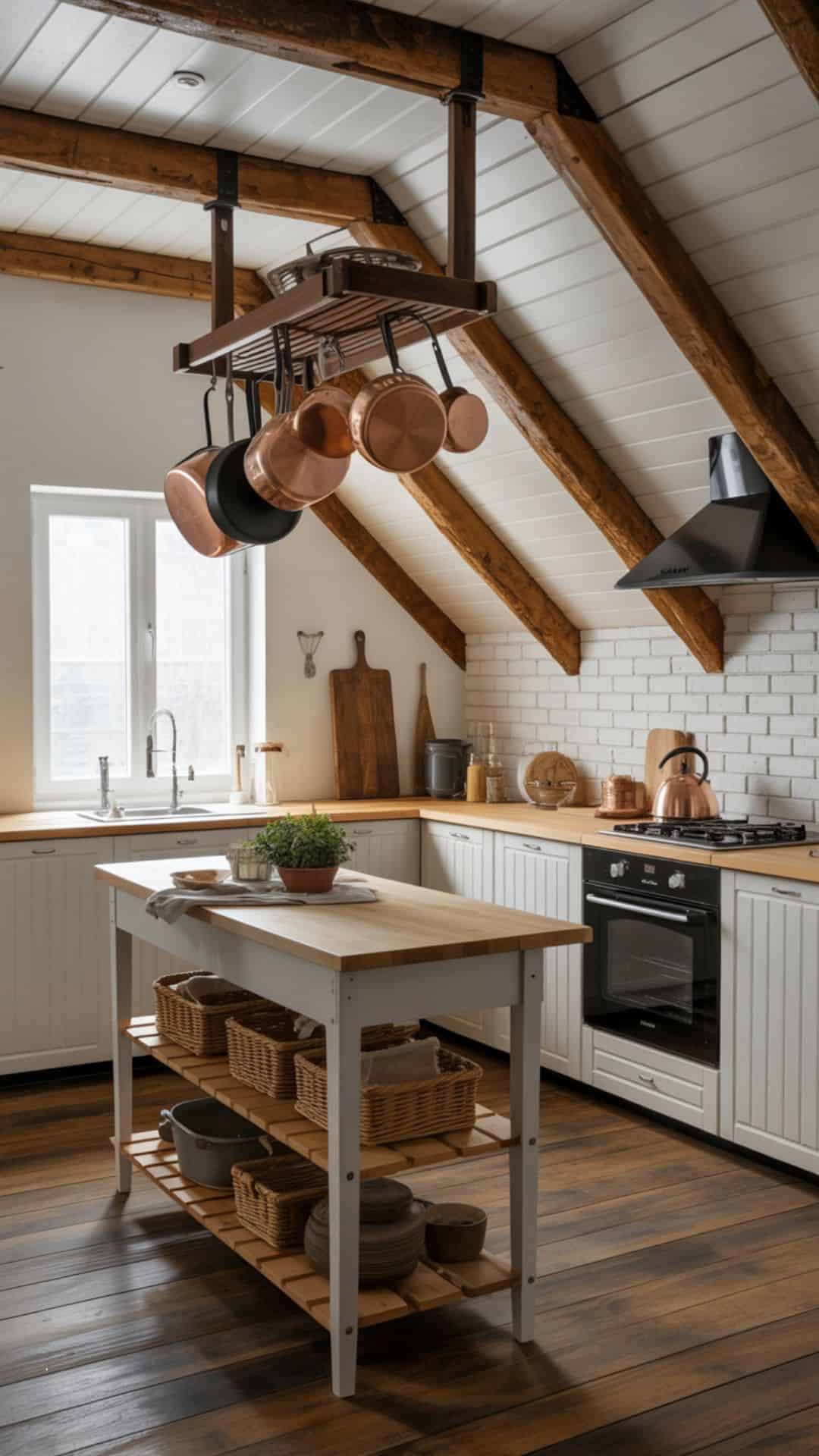 Small attic kitchen with ceiling-mounted pot rack hanging from rustic beams, copper pots shining, butcher block island below, cozy warm farmhouse feel.