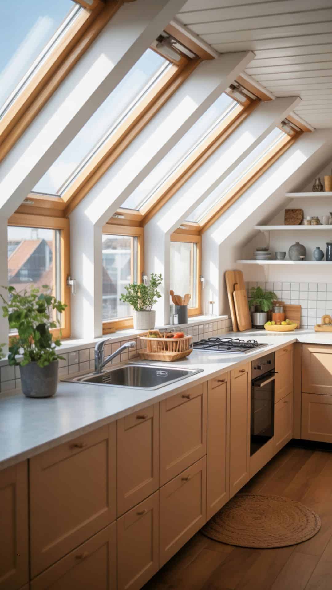 Small attic kitchen with multiple roof windows, sunlight flooding onto pale oak cabinets and white quartz counters, airy Scandinavian style with greenery.