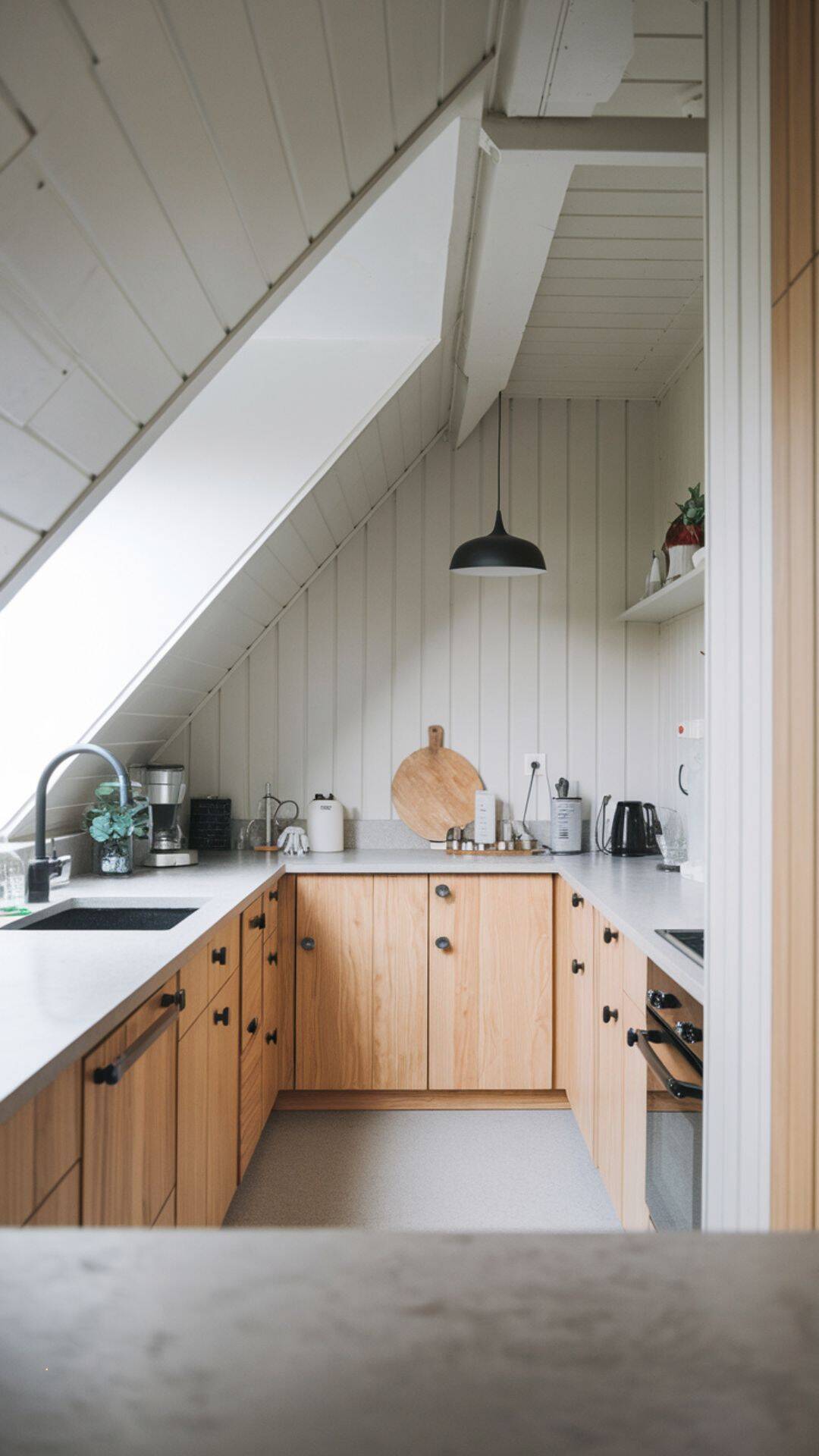 Small attic kitchen with Scandinavian design, light oak cabinets, matte white walls, sleek black pendant light over counter, pale gray stone countertop, sloped ceiling with skylight, cozy yet minimal aesthetic.