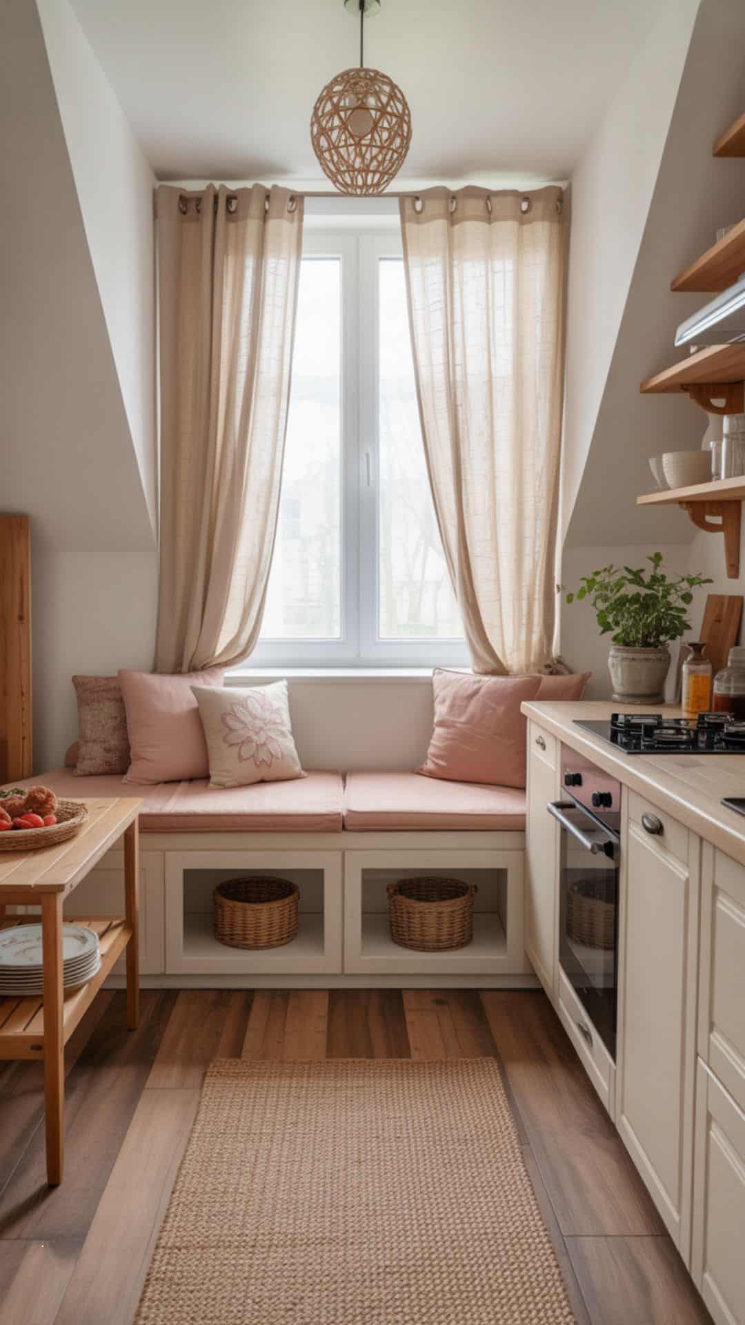 Small attic kitchen with natural jute runner rug, linen curtains on window, blush pink seat cushions on built-in bench, warm wood accents, cozy airy vibe.