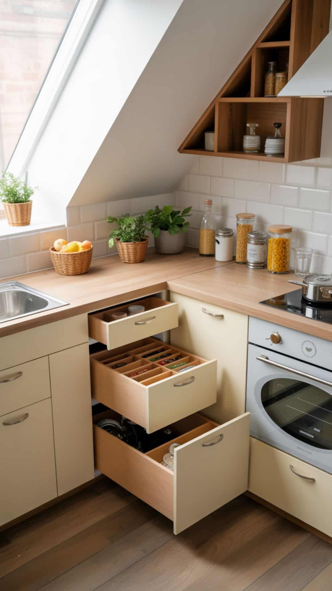 Small attic kitchen with custom smart storage drawers in angled cabinets, pull-out spice rack drawer, light wood cabinetry, modern compact design.
