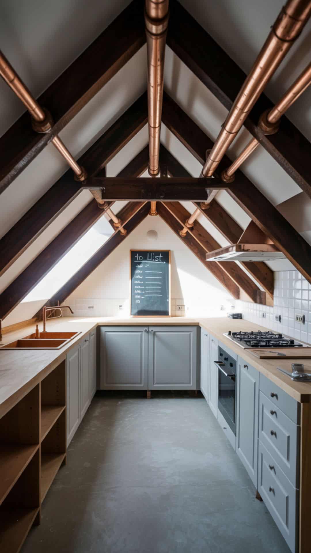 Small attic kitchen renovation scene, exposed beams and pipes, partially built cabinetry, skylight above, cozy rustic-modern vision in progress.
