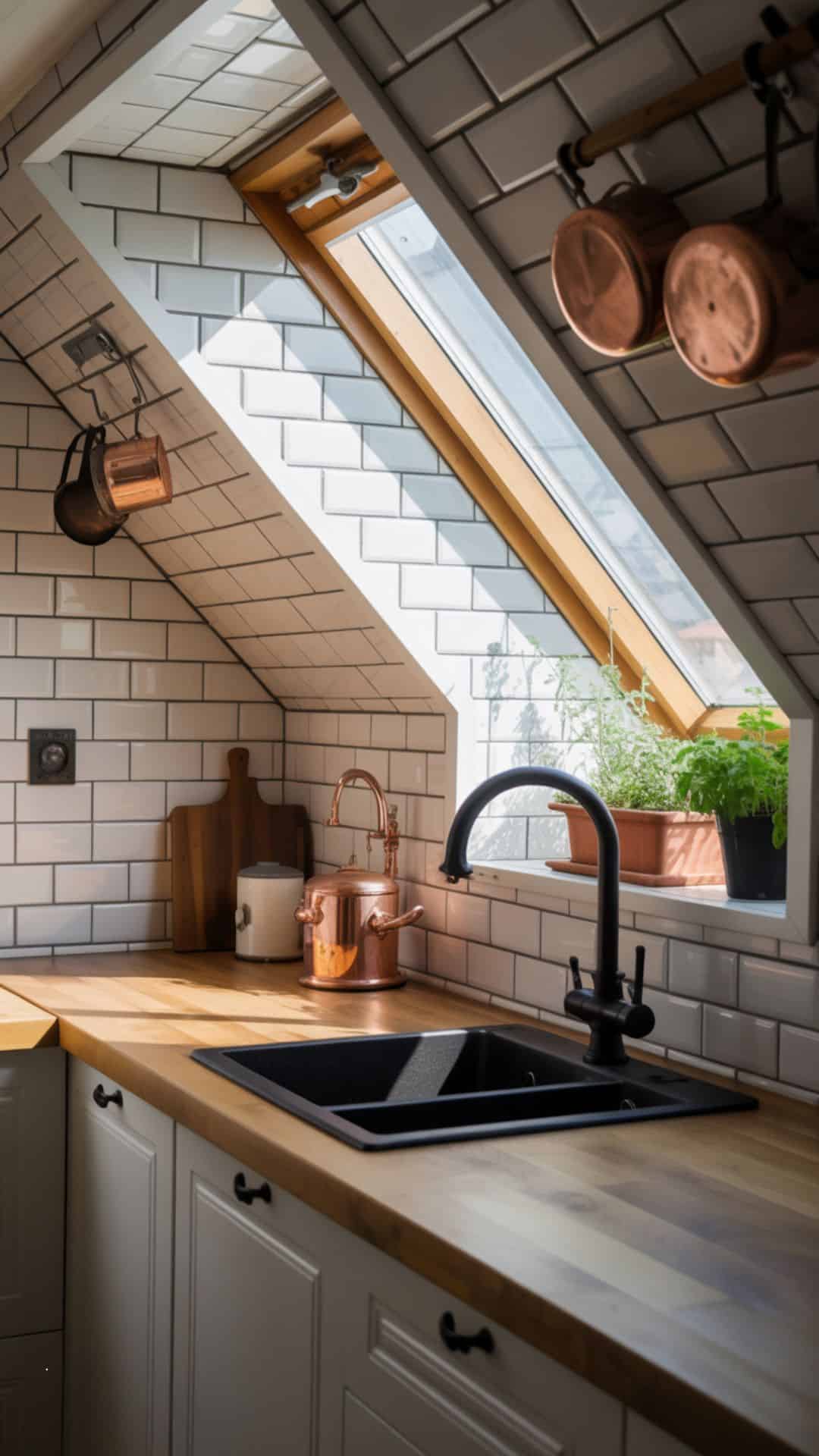 Small attic kitchen with sloped ceiling backsplash tiled in white subway tiles, modern black grout lines, rustic wooden countertop, matte black faucet, natural light spilling in from skylight above.