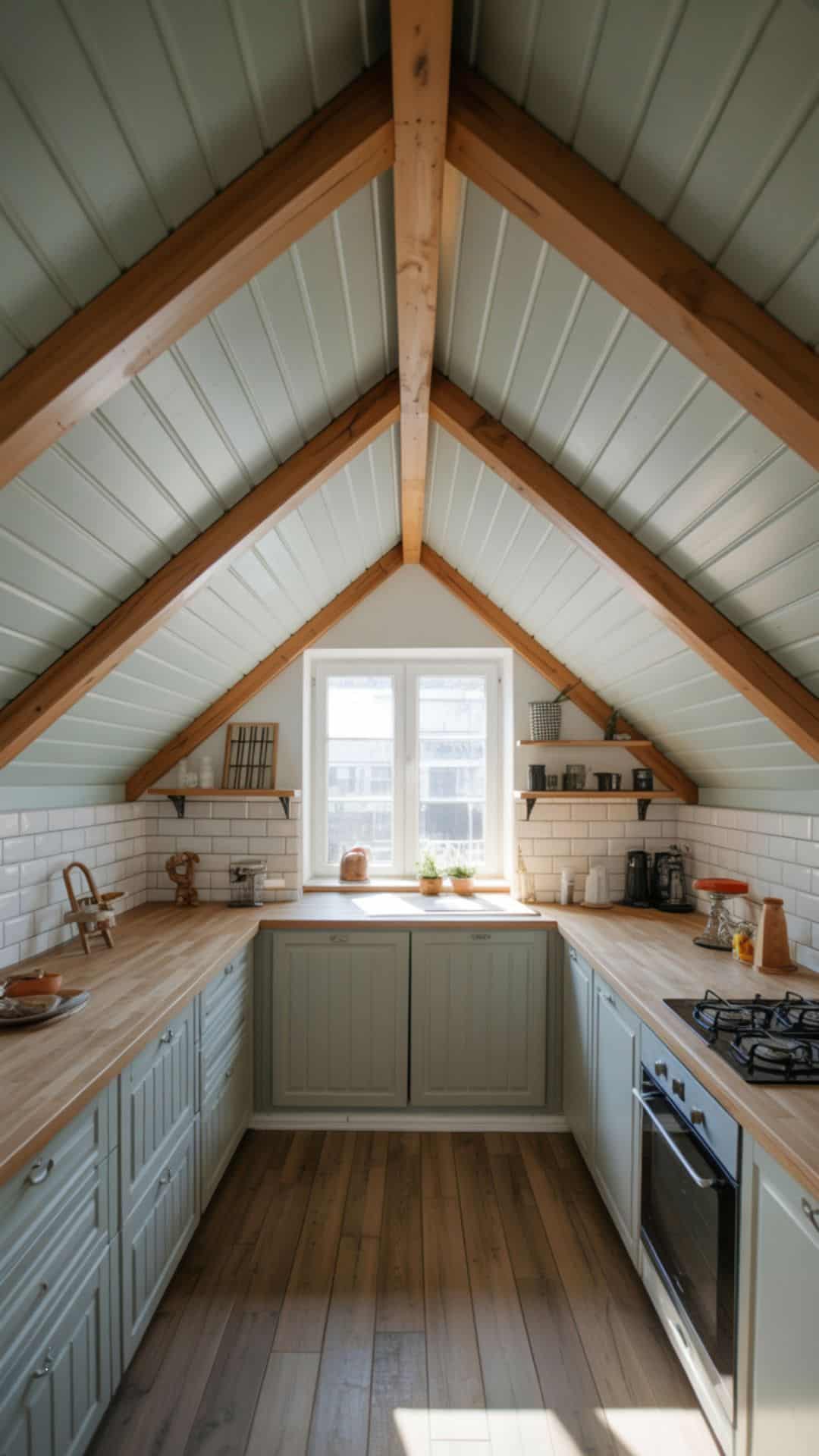 Small attic kitchen with two-tone ceiling, white center and soft gray sloped walls, exposed wood beams, rustic-modern mix, bright natural light.