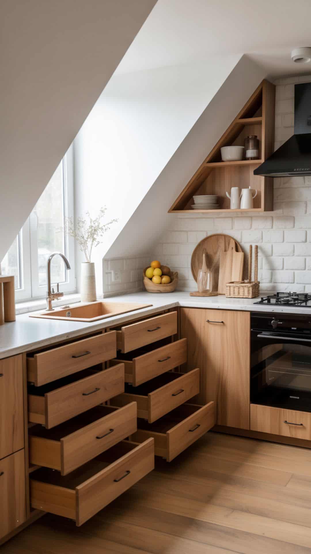 Small attic kitchen with custom under-slope drawers built into angled wall, natural wood cabinetry, white stone countertops, bright and functional design.