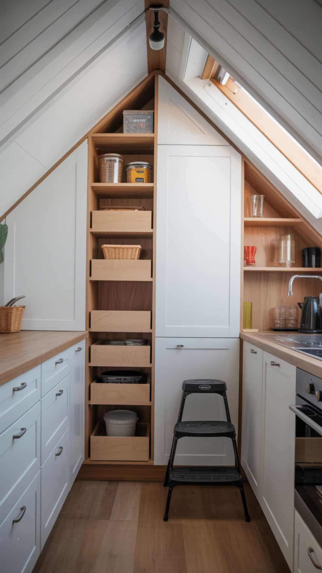 Compact small attic kitchen with tall custom-built white cabinets reaching into sloped roof peak, integrated pull-out pantry drawers, step stool leaned against cabinet, natural light filtering in from skylight, clean modern feel.