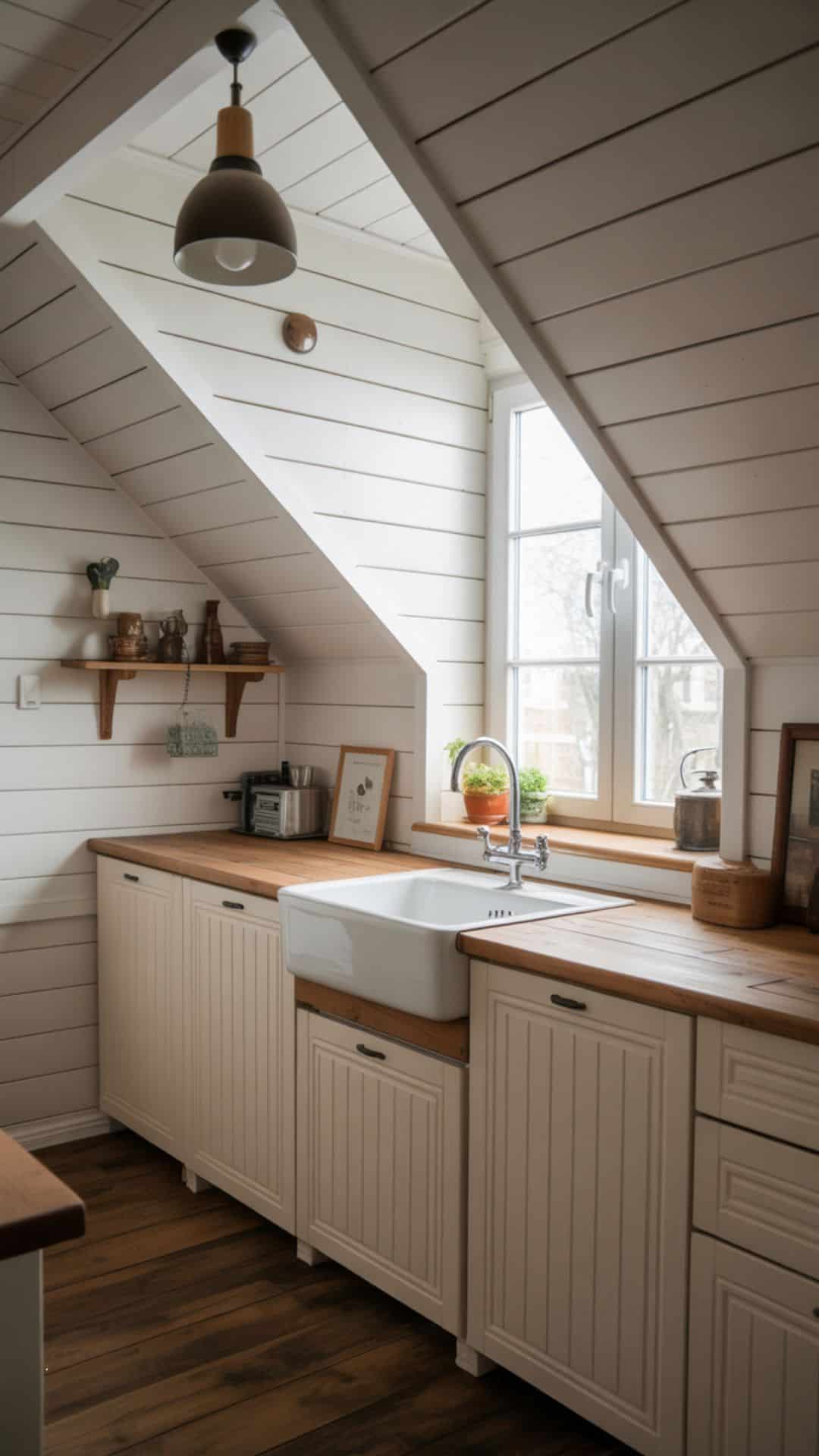 Small attic kitchen with white shiplap wall panels, farmhouse sink under sloped ceiling, rustic wood countertop, pendant lighting, cozy cottage vibe with natural light.