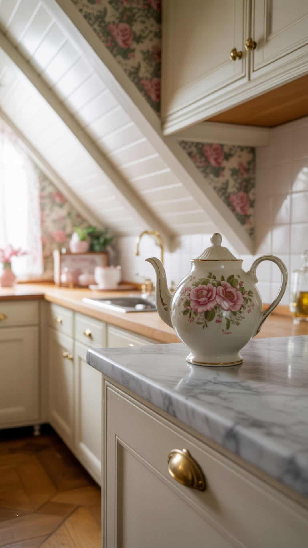 Small attic kitchen with floral wallpaper on sloped ceiling wall, white shaker cabinets, brass hardware, warm oak flooring, cozy feminine style.