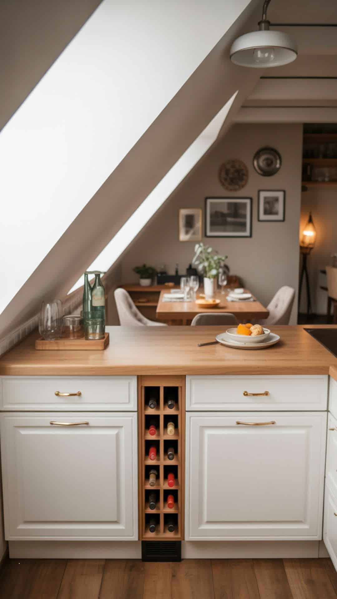 Small attic kitchen with slim built-in wine rack tucked between white cabinets, warm oak countertop, cozy under-slope dining area in background.
