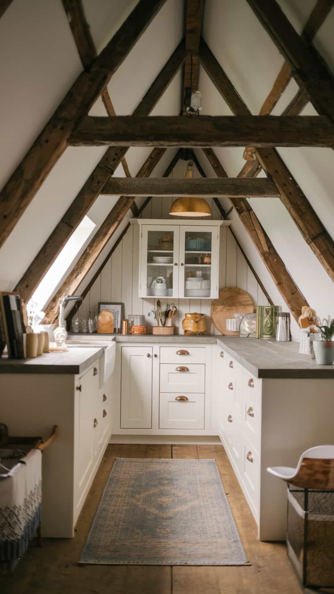 Small attic kitchen with exposed rustic wooden beams, white cabinetry, stone countertops, and warm brass pendant lights hanging over the counter, farmhouse-meets-modern style, cozy inviting feel.