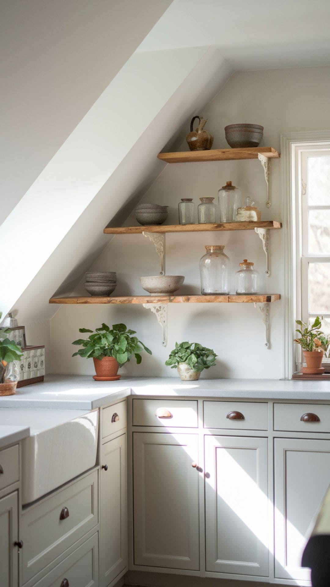 Small attic kitchen with white sloped ceiling, rustic floating wood shelves mounted along the slope, shelves styled with ceramic bowls, glass jars, and potted plants, light gray cabinets, soft natural daylight from dormer window.