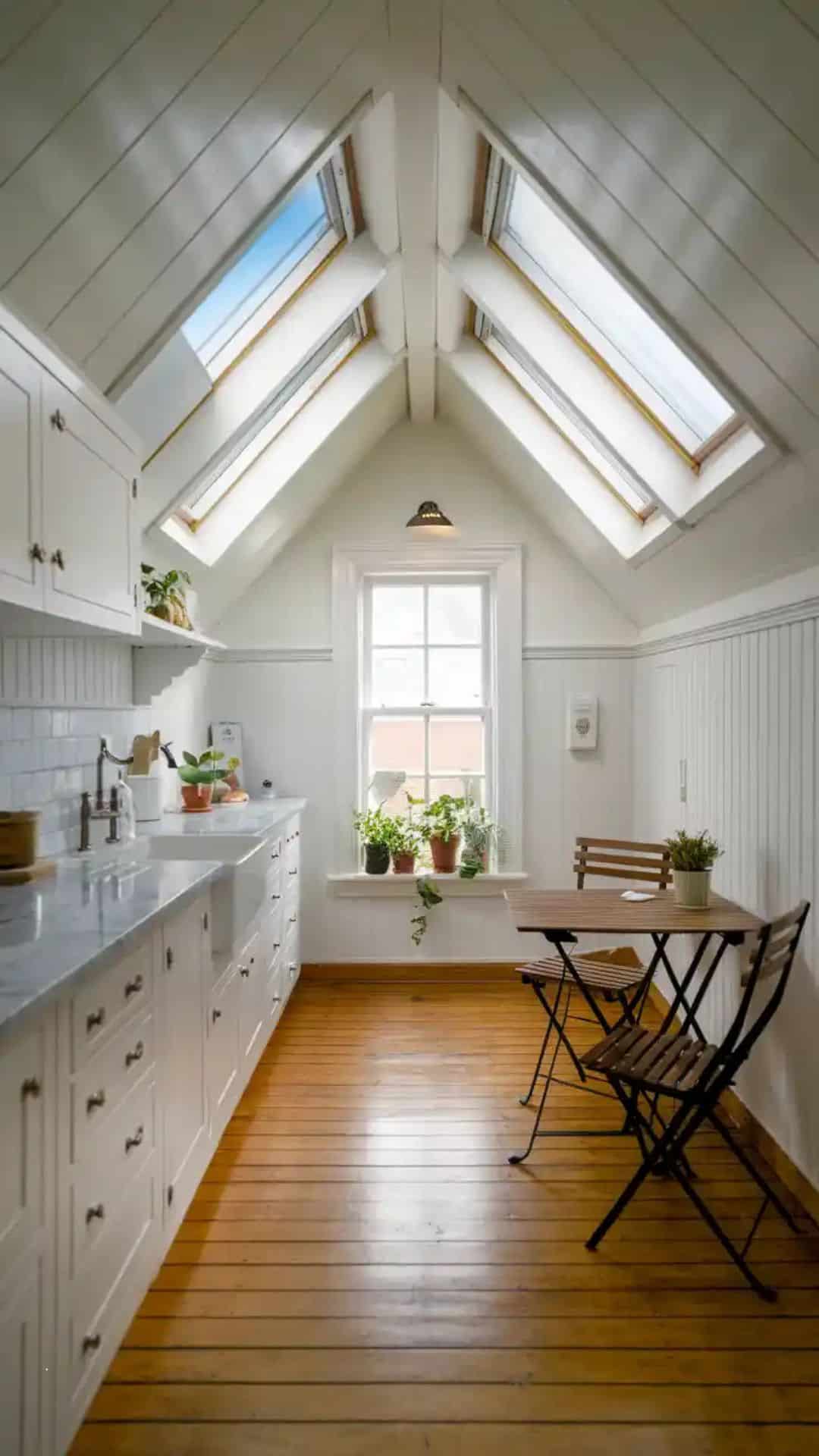 A small attic kitchen with vaulted ceilings and skylights, bright natural light flooding in, white cabinets, and a cozy, airy feel.