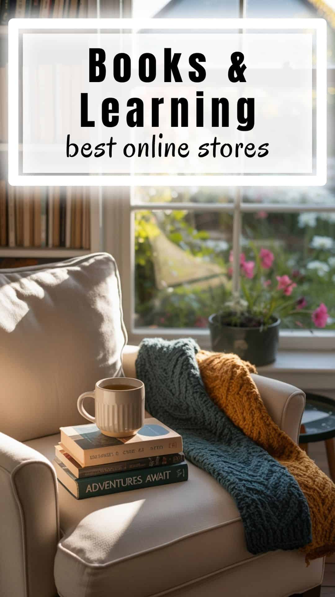 A cozy reading nook with stacked books, a steaming cup of tea, and a blanket on an armchair by the window. Warm natural light for a book-lover vibe.